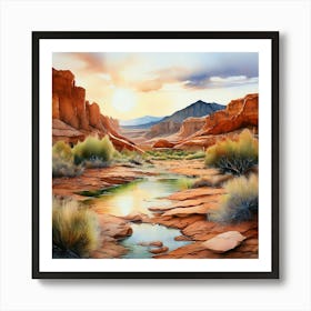 Watercolor A Serene Landscape In Great Basin Desert Bathed In Shades Of Terracotta Olive Green Art Print