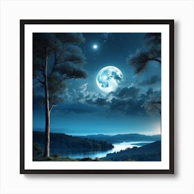 Moonlight Over Lake Affiche