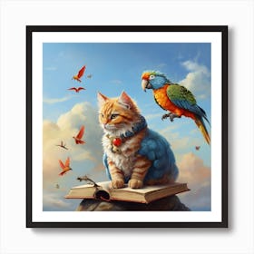 Cat And Parrot Art Print