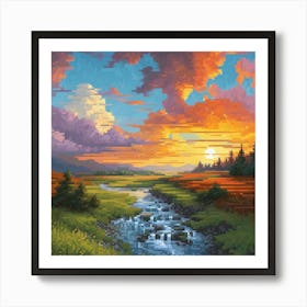 A Landscape Painting With , sun rase pic cell art print 2 Poster