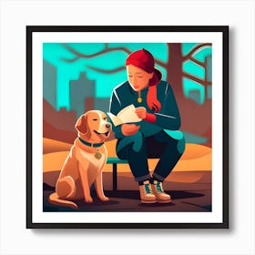 Girl Reading A Book With Dog 1 Art Print