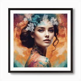 Beautiful Woman With Flowers On Her Head Art Print