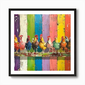 Rainbow Retro Chickens On The Fence 1 Art Print