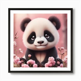 Baby Panda Bear With Pink Flowers Art Print