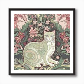 William Morris Classic  Inspired  Cats In Sage And Pink Square Art Print