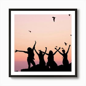 Silhouette Of Friends At Sunset Art Print