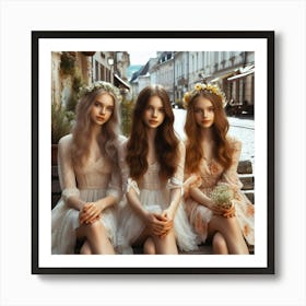 Three Beautiful Girls Sitting On A Bench Art Print