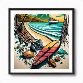 Beach Scene A Sailing Ship In The Foreground 1 Art Print