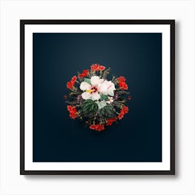 Vintage Marsh Hibiscus Floral Wreath on Teal Blue n.0863 Art Print