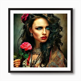 A Portrait Of A Gypsy Female With Rose Flower Art Print