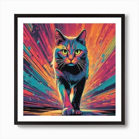 Cat Is Walking Down A Long Path, In The Style Of Bold And Colorful Graphic Design, David , Rainbowco Art Print