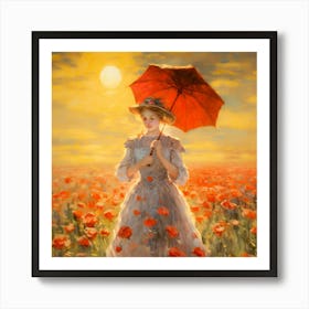Woman walking in a Poppy Field Art Print