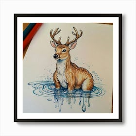 Deer In Water 4 Art Print