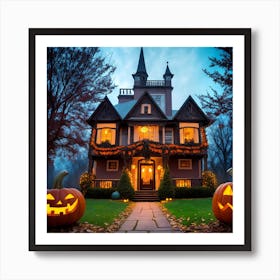 Halloween House With Pumpkins Affiche