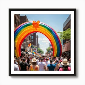 Crowds Of People In Rainbow Attire Fill The Streets Of A Bustling Urban Center At The Multiracial Pr (3) Art Print