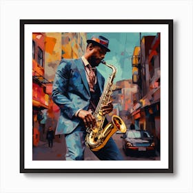 Saxophone Player In The City Art Print