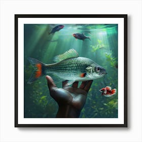 Surreal Underwater Scene With Open Hand And Fish Art Art Print