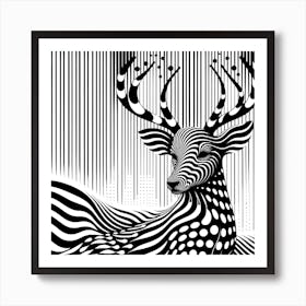 "Monochrome Majesty" is an op-art piece that explores the visual interplay between nature and geometric abstraction. This piece presents a majestic stag, rendered in stark black and white, its form interwoven with hypnotic patterns that challenge the viewer's perception. Stripes and dots cascade across the figure, blending seamlessly with the background's linear rainfall, creating a rhythmic optical illusion. Ideal for modern interiors, art enthusiasts, or those seeking a statement piece that marries wildlife art with a mesmerizing, graphic twist. This art is a conversation starter, evoking the beauty of the natural world through a sophisticated and eye-catching design. Own "Monochrome Majesty" and let your space resonate with contemporary elegance and artistic flair. Art Print