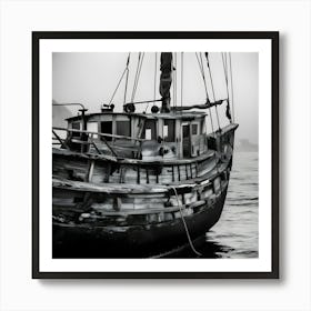 High Contrast Black And White Image Of A Weathered Vintage Boat With Worn Wooden Planks, (4) (1) Art Print