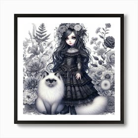 Gothic Girl With Cat Art Print