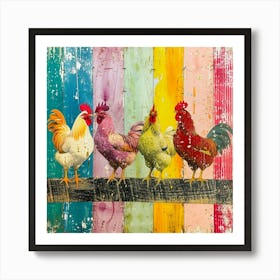 Kitsch Chickens On A Fence Rainbow Collage Art Print