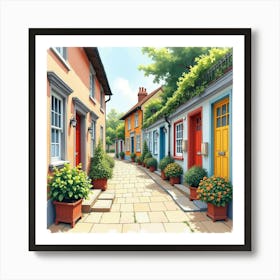 A Classic English Street With Colorful Doors And Garden Boxes, Watercolor Style 1 Art Print