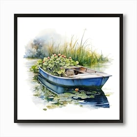 Watercolor Boat With Water Lilies Art Print