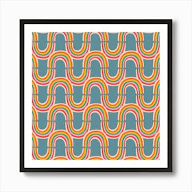 RAINBOW REFLECTION Retro Wavy Abstract Stripe in Vintage Bright Multi-Colours on Dusty Blue Art Print