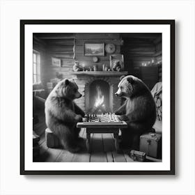 Bears Playing Chess In A Cabin Decor Art Print