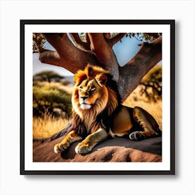 Lion By The Tree Art Print