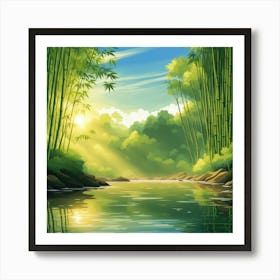 A Stream In A Bamboo Forest At Sun Rise Square Composition 106 Art Print