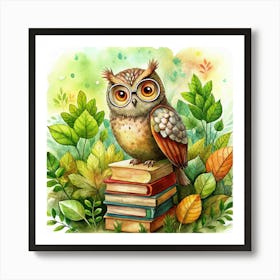 Watercolor Painting Of An Owl With Glasses Sitting On Books Art Print