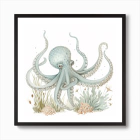 Storybook Style Octopus With Fish & Aqua Marine Plants 2 Art Print