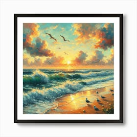 Sunset Beach Waves Seagulls Art Print