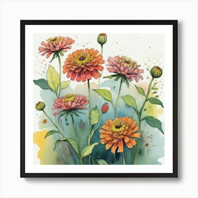 Zinnias flower plants painting art print 1 Art Print