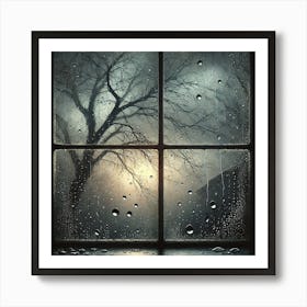 Rainy Window Reflection Wall Art: A Somber Scene of Raindrops and Bare Branches for Thoughtful and Melancholic Decor Print Art Art Print