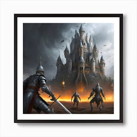 Aliens fight against medieval castle with knights, Knights In Armor Art Print