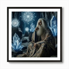 A mage thinking on the universe works in a crystaline cave Art Print