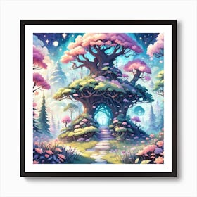 A Fantasy Forest With Twinkling Stars In Pastel Tone Square Composition 223 Art Print