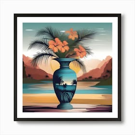 Flower Vase Decorated with Tropical Landscape and Palm Trees, Blue, Orange, Burgundy and Yellow Art Print