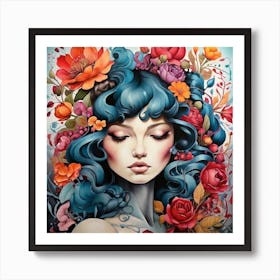 Woman With Flowers On Her Head 2 Art Print