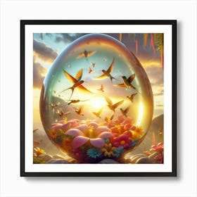 Crystal Egg with hummingbirds-Sunset behind Art Print