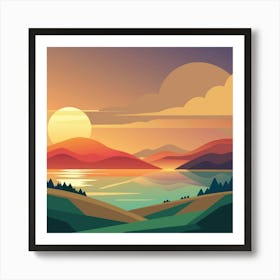 A Tranquil Landscape With A Warm Golden Sunset Art Print