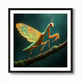 A Whimsical Mantis With Wings Of Shifting, Fractal Patterns Perched On A Glowing Branch Art Print