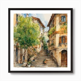 watercolor painting of an old street with a staircase in the middle and green trees Art Print