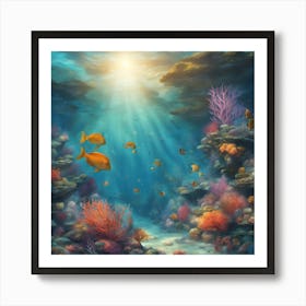 "Underwater Serenity" - tranquil underwater scene with colorful coral reefs, fish, and rays of sunlight. Art Print