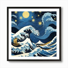 The Great Waves Off Kanagawa Logo At Starry Night Van Gogh Painting 3 Art Print