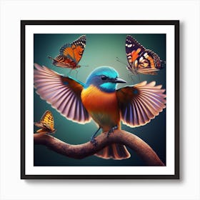 Bird With Butterflies Art Print