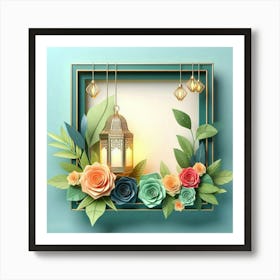 Frame With Flowers And Lantern 4 Art Print