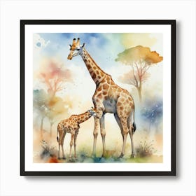 Giraffe In The Wild With Other Animals Watercolor Sty 2 Art Print